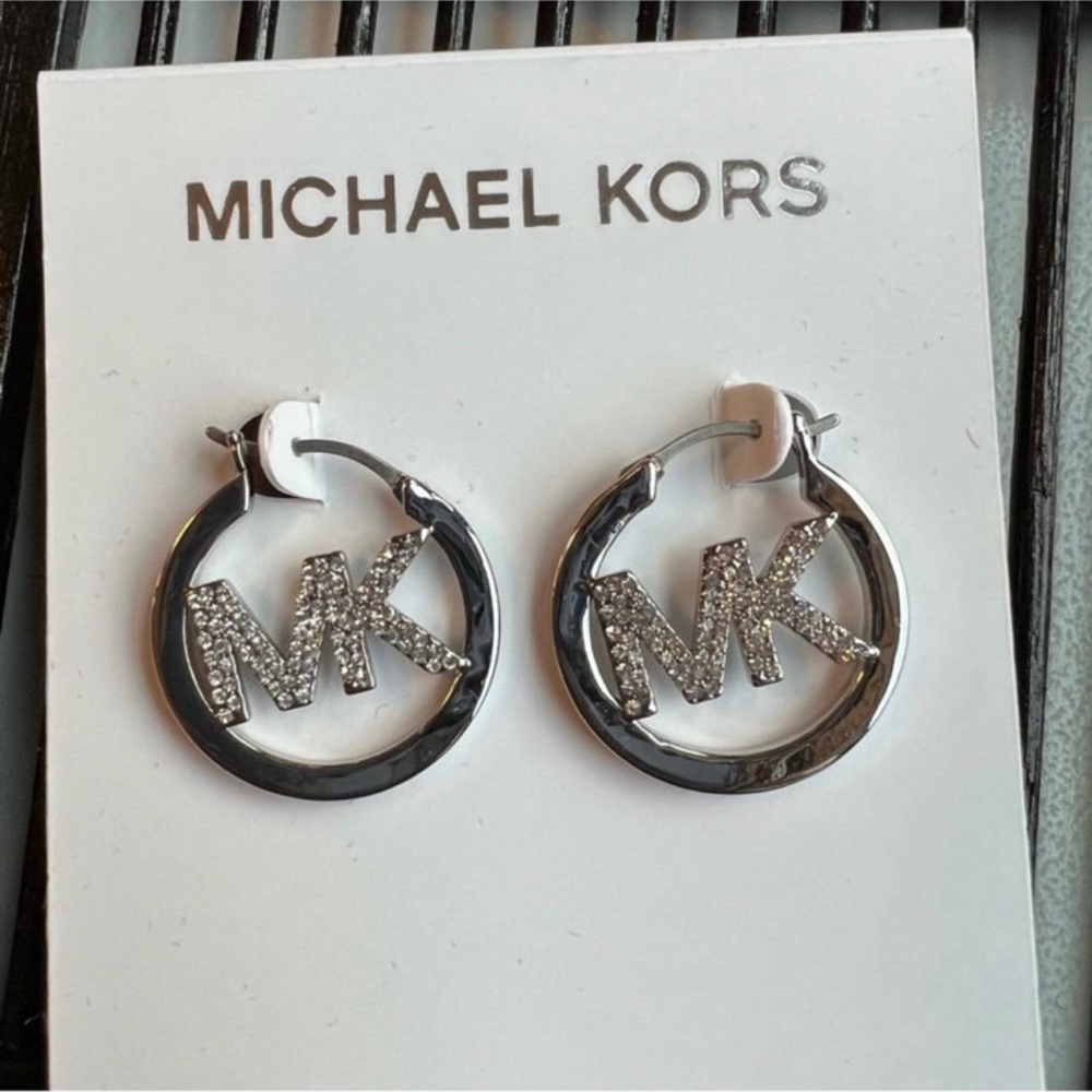 Michael Kors Silver and Black Logo Hoop Earrings